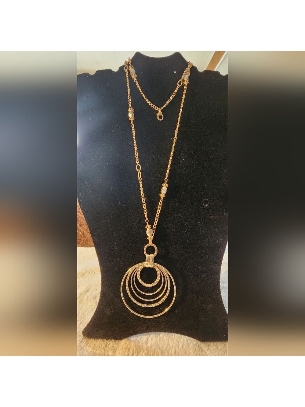 Dressbarn GoldTone Long Necklace with Multi-Circle Pendant & Faceted Bead Accent